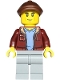 Minifig No: cty1815  Name: Car Transporter Driver - Male, Dark Red Jacket, Light Bluish Gray Legs, Reddish Brown Flat Cap