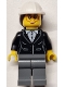 Lego part: Construction Engineer / Architect - Female, Black Suit Jacket with White Button Up Shirt, Dark Bluish Gray Legs, White Construction Helmet with Dark Brown Ponytail Hair, Glasses