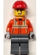 Lego part: Construction Worker - Male, Reddish Orange Safety Jacket with Reflective Stripes, Dark Bluish Gray Legs, Red Construction Helmet