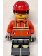 Lego part: Construction Worker - Female, Reddish Orange Safety Jacket with Reflective Stripes, Dark Bluish Gray Legs with Knee Pads, Red Construction Helmet with Dark Brown Ponytail Hair, Safety Glasses