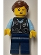 Minifig No: cty1826  Name: Police - City Officer Female, Black Safety Vest with Silver Star Badge Logo, Dark Blue Legs, Reddish Brown Hair with Ponytail