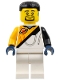 Lego part: Space Explorer - Male, Bright Light Orange and White Spacesuit, Black Short Hair and Goatee, Hearing Aid