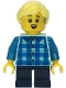 Lego part: Child - Girl, Blue and Dark Azure Plaid Shirt, Dark Blue Short Legs, Bright Light Yellow Ponytail, Hearing Aid