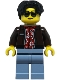 Minifig No: cty1852  Name: Sports Car Driver - Male, Dark Brown Jacket over Red Hawaiian Shirt, Sand Blue Legs, Black Hair Wavy, Sunglasses