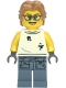 Lego part: Scrapyard Worker - Female, White Sleeveless Shirt with Oil Stains, Sand Blue Legs with Shirt Sleeves with Oil Stains, Medium Nougat Wavy Hair, Glasses