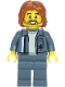 Lego part: Scrapyard Worker - Male, Sand Blue Mechanic Uniform over White Shirt, Sand Blue Legs, Dark Orange Mid-Length Tousled Hair, Stubble