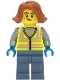 Lego part: Scrapyard Worker - Female, Neon Yellow Safety Vest with Reflective Stripes, Sand Blue Legs, Dark Orange Hair, Beauty Mark