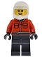 Lego part: Formula 1 Pit Crew Member - Female, Reddish Orange Racing Suit with Pockets, Dark Bluish Gray Legs, White Dirt Bike Helmet