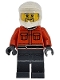 Lego part: Formula 1 Pit Crew Member - Male, Reddish Orange Racing Suit with Pockets, Dark Bluish Gray Legs, White Dirt Bike Helmet, Goatee, Hearing Aid