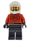 Lego part: Formula 1 Pit Crew Member - Male, Reddish Orange Racing Suit with Pockets, Dark Bluish Gray Legs, White Dirt Bike Helmet, Beard and Moustache