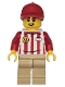 Lego part: Hot Dog Soapbox Race Car Driver (Vendor) - Female, Red and White Striped Shirt, Tan Legs, Red Ball Cap with Reddish Brown Ponytail