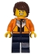 Lego part: Soapbox Race Reporter - Male, Orange Jacket with Panels and Zipper, Dark Blue Legs, Reddish Brown Tousled Hair