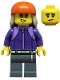 Minifig No: cty1878  Name: Skateboarder - Female, Dark Purple Tracksuit, Dark Bluish Gray Legs, Reddish Orange Sports Helmet, Tan Long Hair