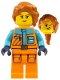 Lego part: Arctic Photographer - Female, Orange Jacket and Legs, Medium Azure Trim, Dark Orange Hair