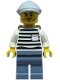 Minifig No: cty1901  Name: Police - City Jail Prisoner Male, White Shirt with Pocket and Black Stripes, Sand Blue Legs, Light Bluish Gray Flat Cap, Dark Tan Backpack