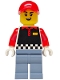 Minifig No: cty1939  Name: Fries Food Truck Vendor - Female, Black Vest, Sand Blue Legs, Red Cap