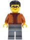 Minifig No: cty1945  Name: EV Supercar Driver - Male, Dark Orange Jacket, Dark Bluish Gray Legs, Black Coiled Hair