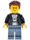 Minifig No: cty1946  Name: Hot Rod Driver - Male, Black Leather Jacket, Sand Blue Legs, Reddish Brown Hair