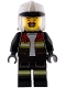 Minifig No: cty1948  Name: Fire - Male, Black Open Jacket and Legs with Reflective Stripes and Red Collar, White Fire Helmet, Trans-Clear Visor, Reddish Brown Moustache