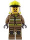Minifig No: cty1949  Name: Fire - Female, Dark Tan Jacket and Legs with Reflective Stripes, Neon Yellow Fire Helmet, Trans-Clear Visor, Open Mouth Smile