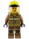 Minifig No: cty1950  Name: Fire - Male, Dark Tan Jacket and Legs with Reflective Stripes, Neon Yellow Fire Helmet, Trans-Clear Visor, Scuff Mark