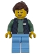 Minifig No: cty1952  Name: Delivery Worker - Female, Dark Blue Bodywarmer over Sand Green Sweater, Bright Light Blue Legs, Reddish Brown Hair, Hearing Aid