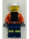 Minifig No: cty1963  Name: Coast Guard City - Male, Reddish Orange Jacket with Pockets and Reflective Stripes, Dark Blue Legs with Pockets and Reflective Stripes, White Sports Helmet, Black Neck Bracket