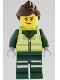 Minifig No: cty1965  Name: Recycling Worker - Female, Lime Safety Jacket with Reflective Stripes, Dark Green Legs with Reflective Stripes, Dark Brown Ponytail and Swept Sideways Fringe