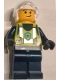 Minifig No: cty1967  Name: Police - City Officer Male, Neon Yellow Safety Vest, Dark Blue Legs, White Flight Helmet, Trans-Clear Visor, Lopsided Grin / Scared