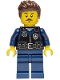 Minifig No: cty1968  Name: Police - City Officer Male, Black Safety Vest with Silver Star Badge Logo, Dark Blue Legs, Dark Brown Wavy Hair