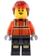 Minifig No: cty1972  Name: Construction Worker - Female, Reddish Orange Safety Jacket with Reflective Stripes, Dark Bluish Gray Legs, Red Construction Helmet with Dark Brown Ponytail Hair, Open Mouth Smile with Top Teeth