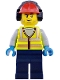 Minifig No: cty1976  Name: Airport Worker - Male, Neon Yellow Safety Vest with Reflective Stripes, Dark Blue Legs, Red Construction Helmet with Black Ear Protectors / Headphones, Stubble