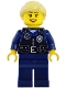 Minifig No: cty1979  Name: Airport Security Guard - Female, Black Safety Vest with Silver Star Bad Logo, Dark Blue Legs, Bright Light Yellow Hair Ponytail
