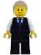 Minifig No: cty1982  Name: Air Traffic Controller - Male, Black Vest with Blue Striped Tie, Black Legs, Dark Tan Hair Combed