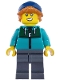 Minifig No: cty1983  Name: Plane Passenger - Female, Dark Turquoise Jacket with Dark Green Panel, Dark Bluish Gray Legs, Dark Blue Beanie