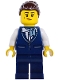 Minifig No: cty1984  Name: Flight Attendant - Female, Dark Blue Vest, Dark Blue Legs, Dark Brown Hair Bun
