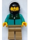 Minifig No: cty2003  Name: Stunt Driver - Male, Dark Turquoise Jacket with Dark Green Panel, Dark Tan Legs, Black Helmet, Trans-Clear Visor