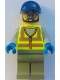 Minifig No: cty2004  Name: Street Sweeper - Male, Neon Yellow Safety Vest with Reflective Stripes, Olive Green Legs, Dark Blue Cap