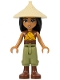 Minifig No: dis120  Name: Raya - Tan Conical Hat, Yellow Top, Reddish Brown Boots, Open Mouth
