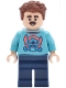 Minifig No: dis210  Name: Main Street, U.S.A. Park Guest - Male, Medium Azure Stitch Shirt with Surfboard on Back, Dark Blue Legs