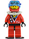 Minifig No: div017b  Name: Divers - Red Diver 1, Red Legs with Black Hips, Red Helmet, Light Gray Scuba Tank, Flippers