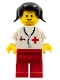 Minifig No: doc001  Name: Doctor - Stethoscope, Red Legs, Black Pigtails Hair (Undetermined Type)
