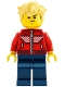 Minifig No: drm008  Name: Cooper - Red Racing Driver Jacket, Dark Blue Legs