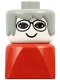 Minifig No: dupfig024  Name: Duplo 2 x 2 x 2 Figure Brick Early, Female on Red Base, Gray Hair, Glasses (Grandmother)