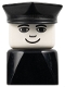 Minifig No: dupfig035  Name: Duplo 2 x 2 x 2 Figure Brick Early, Male on Black Base, Black Police Hat, Small Smile