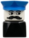 Minifig No: dupfig036  Name: Duplo 2 x 2 x 2 Figure Brick Early, Male on Black Base, Blue Police Hat, Moustache