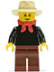 Minifig No: edu021  Name: Gold Prospector - Male, Black Torso, Reddish Brown Legs, Tan Fedora Hat, Red Bandana (Undetermined Eyebrows)