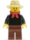 Minifig No: edu021b  Name: Gold Prospector - Male, Black Torso, Reddish Brown Legs, Tan Fedora Hat, Red Bandana, Reddish Brown Eyebrows