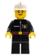Minifig No: firec006  Name: Fire - Flame Badge and Straight Line, Black Legs, White Fire Helmet