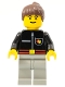Minifig No: firec012  Name: Fire - Flame Badge and Straight Line, Light Gray Legs, Brown Ponytail Hair